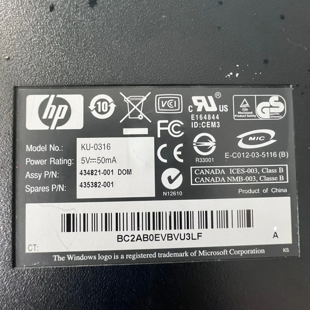 HP KU-0316 104-Key Wired USB Standard Desktop Keyboard 434821 001 002 007 Silver